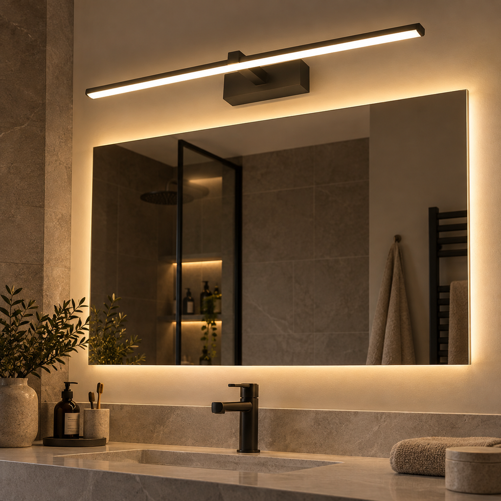 Valmere contemporary LED bathroom wall light above a mirror in a warm neutral bathroom