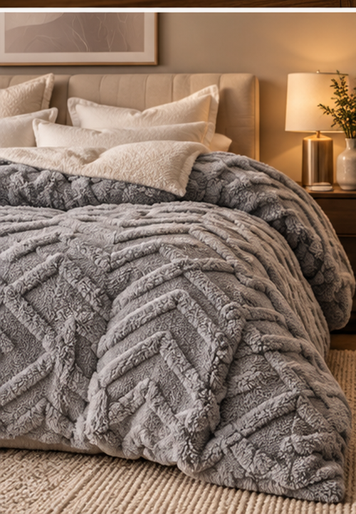 Valmere 300 GSM fleece throw blanket styled on a warm neutral bed