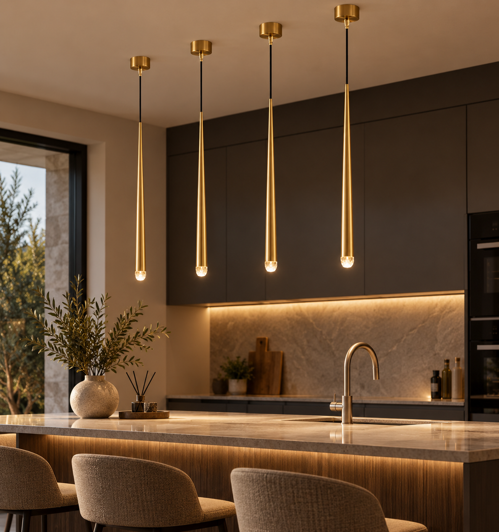 Valmere gold modern linear pendant lights in a premium contemporary kitchen