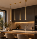 Valmere gold modern linear pendant lights in a premium contemporary kitchen