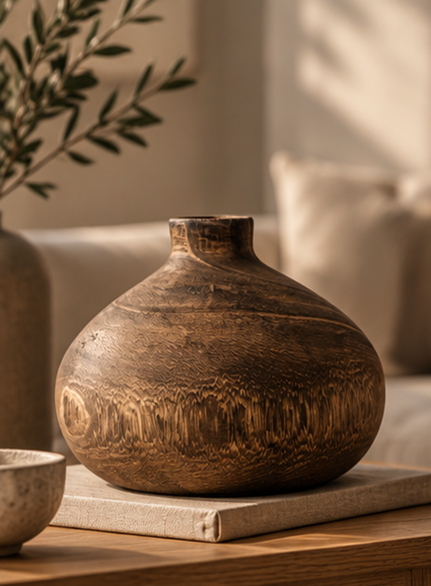 Valmere natural wooden vase styled in a warm neutral living space