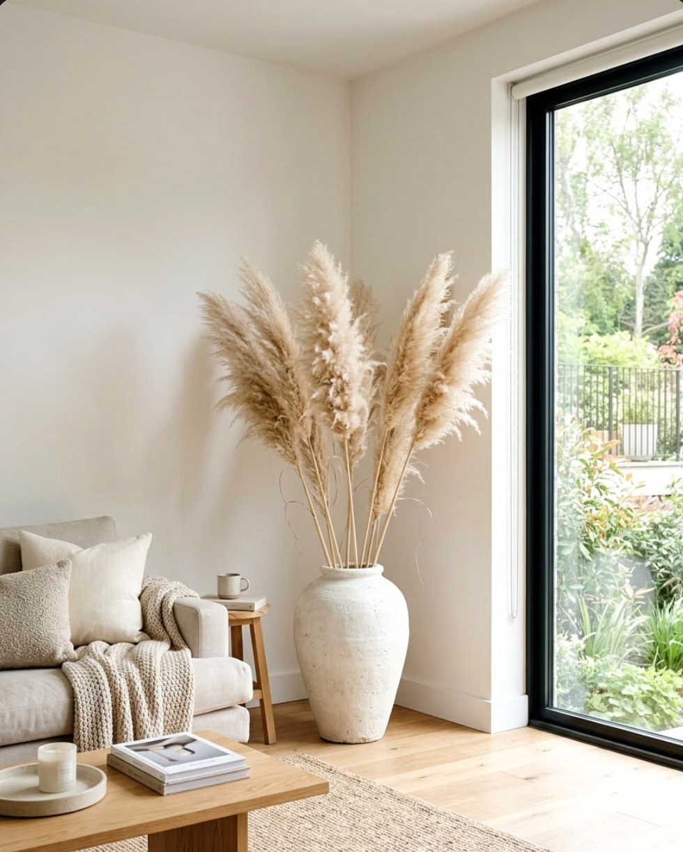 Valmere natural pampas grass bouquet styled in a warm neutral living room