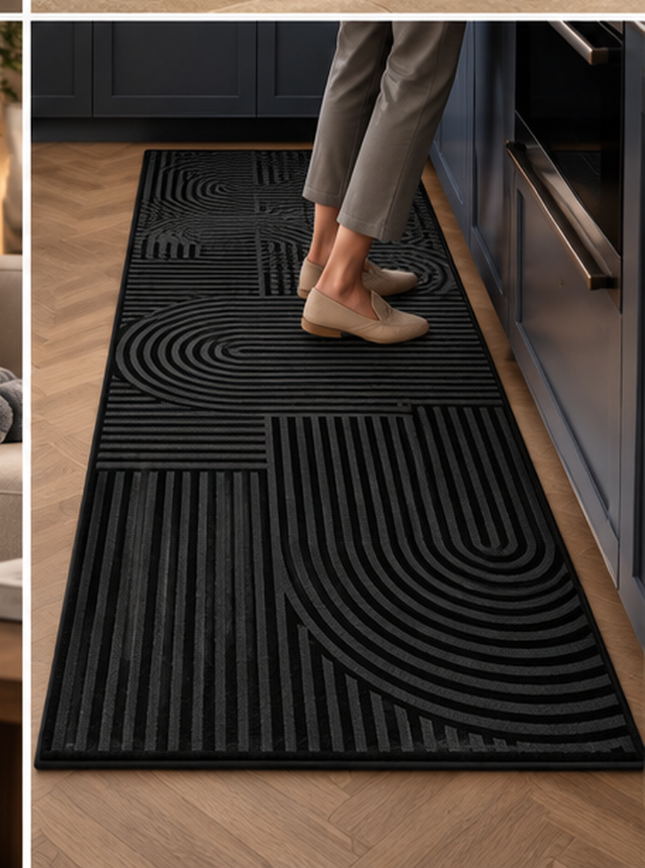 Valmere diatomite runner mat styled in a modern dark kitchen