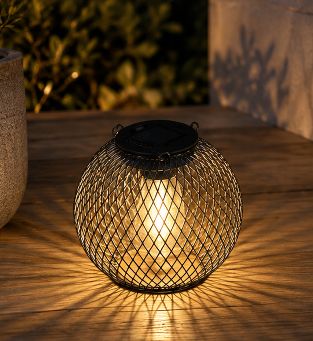 Valmere vintage solar lantern glowing on a warm wooden outdoor surface