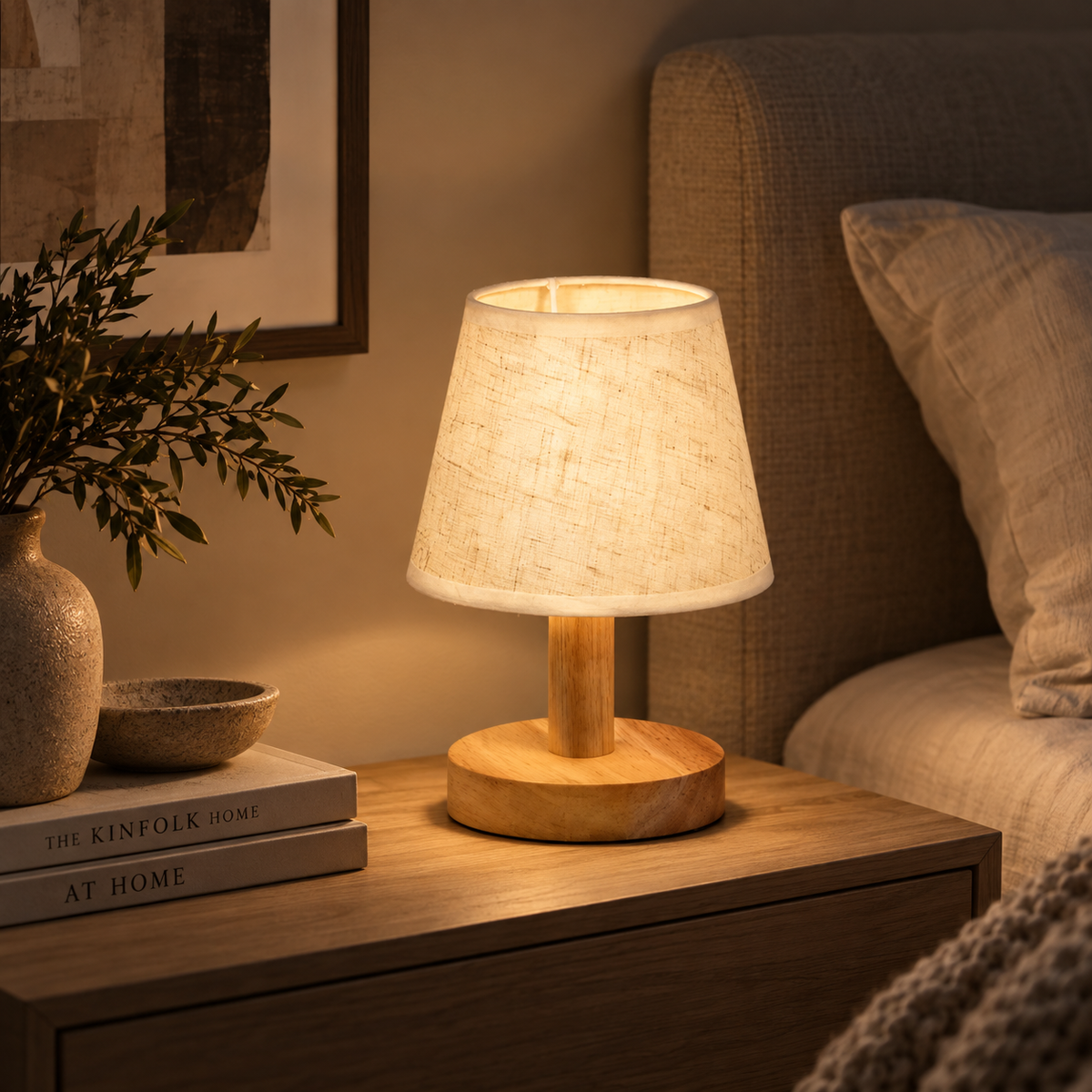 Valmere minimalist wooden table lamp with linen shade in a warm neutral bedroom