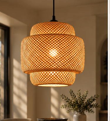 Valmere woven bamboo pendant light Style 1 in a warm neutral dining interior
