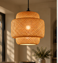 Valmere woven bamboo pendant light Style 1 in a warm neutral dining interior