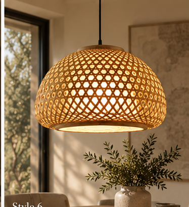 Valmere woven bamboo dome pendant light Style 6 in a warm neutral dining interior