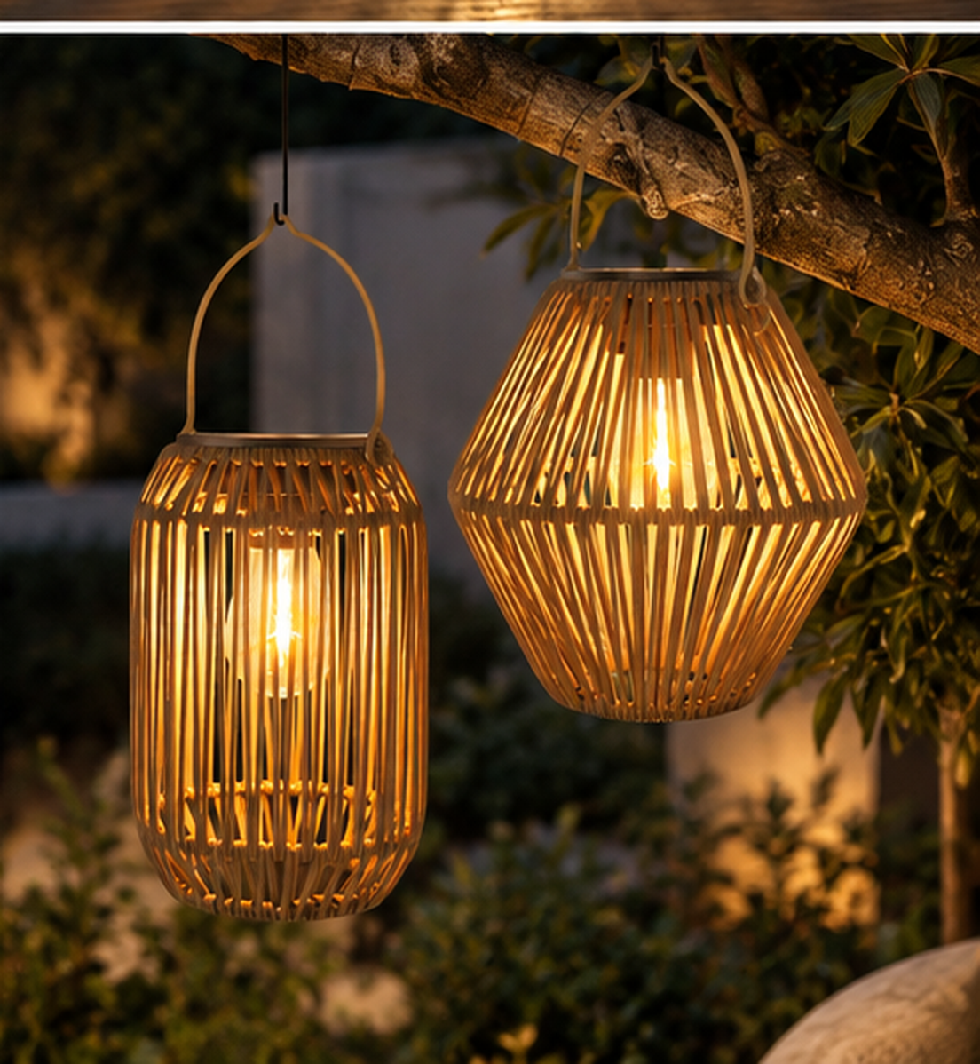Valmere woven solar lanterns glowing among garden foliage at dusk